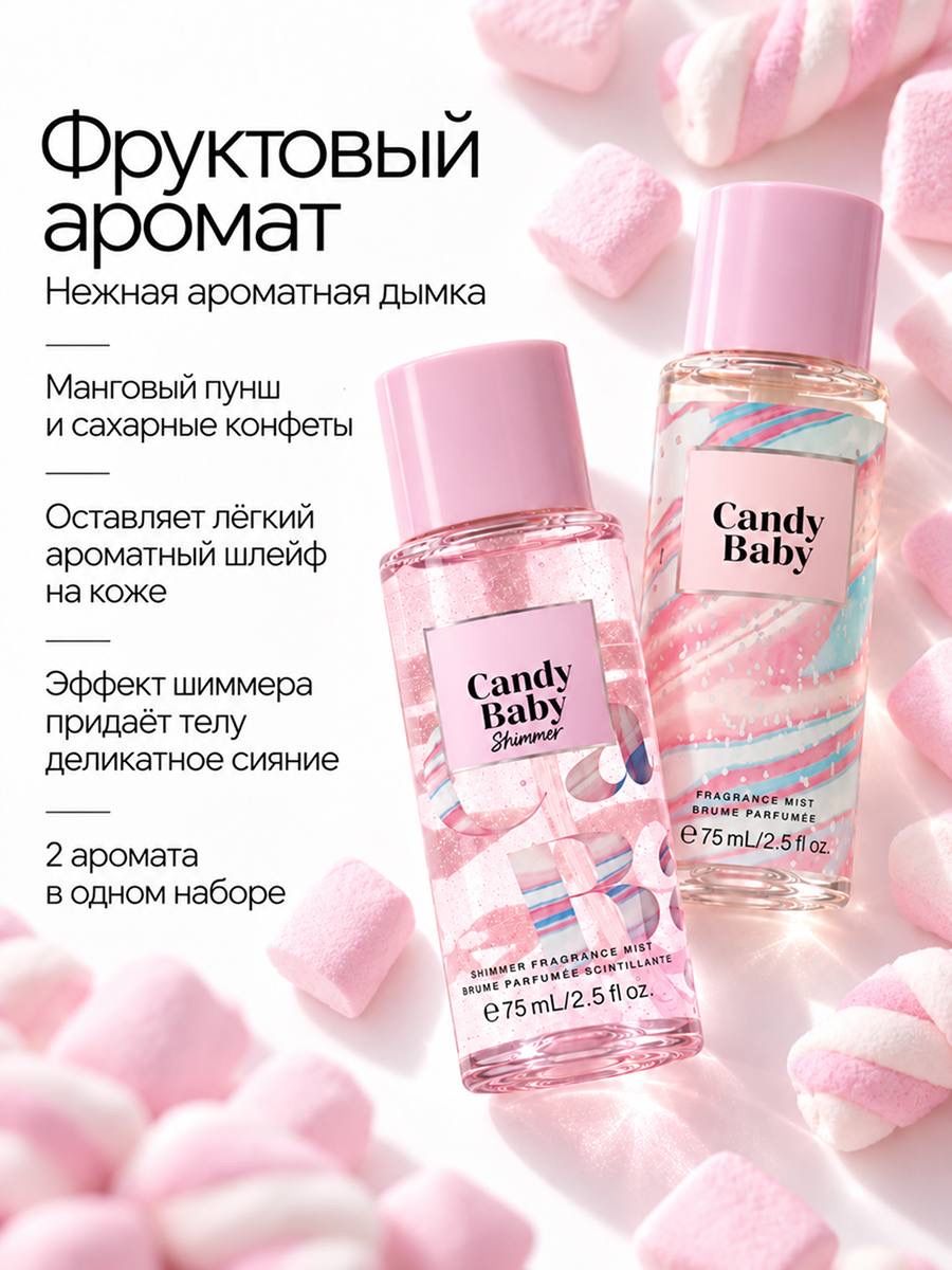 Набор парфюмированных мист-спреев для тела Candy Baby 2 шт, фруктовый аромат, мист и шиммер, 75 мл + 75 мл