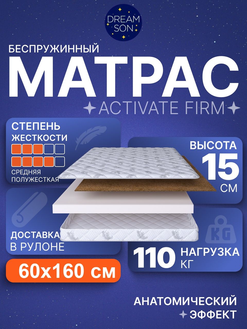 Ортопедический матрас DreamSon Activate Firm 60х160, 15см, беспружинный, в рулоне, двусторонний с разной жесткостью