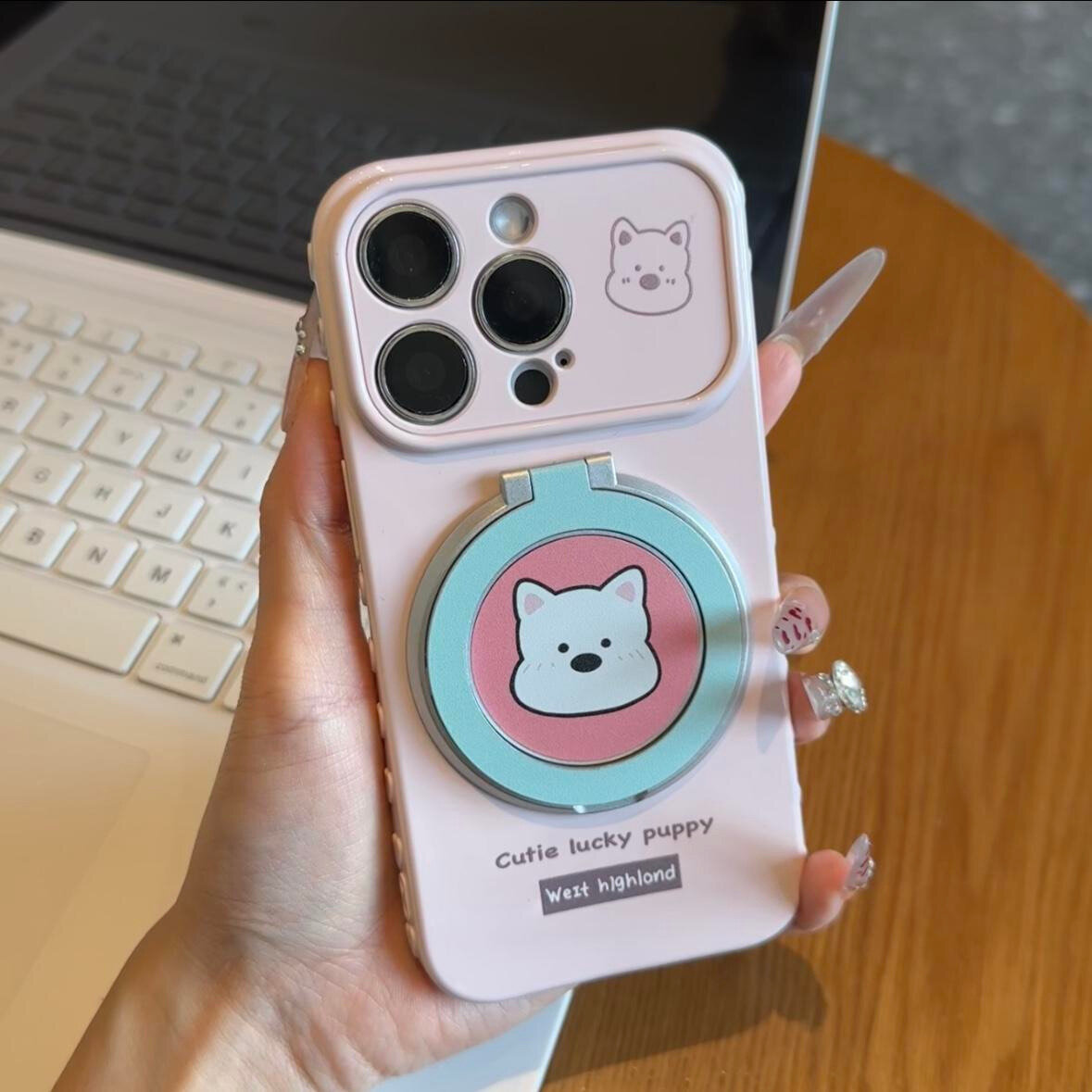 Чехол на iPhone 17 Air с вращающейся подставкой и милым щенком вест-хайленд прозрачным окошком в форме сердца розовый