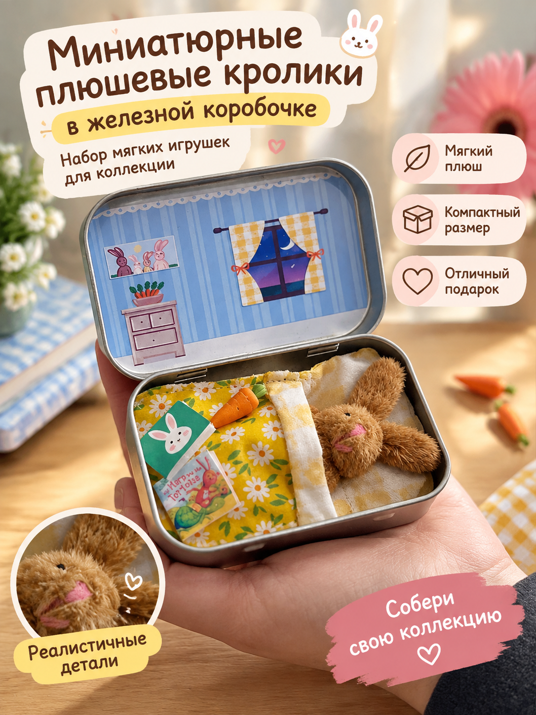 Миниатюрные плюшевые кролики в железной коробочке, набор мягких игрушек для коллекции, милый подарок для детей