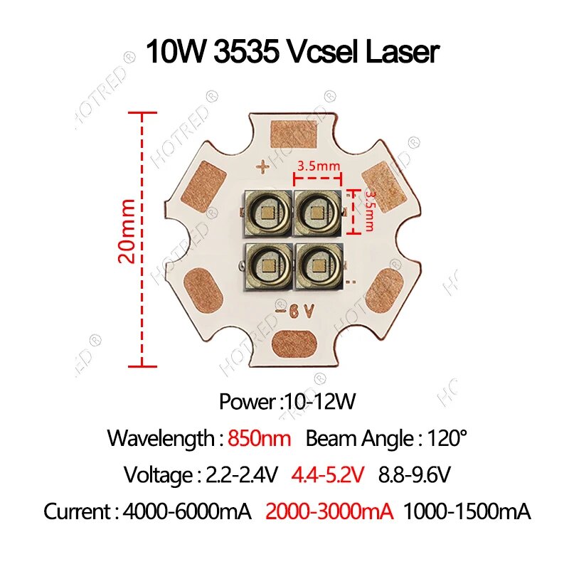 IR Led Diode 10W 3535 HotRed 850nm 4.4-5.2V