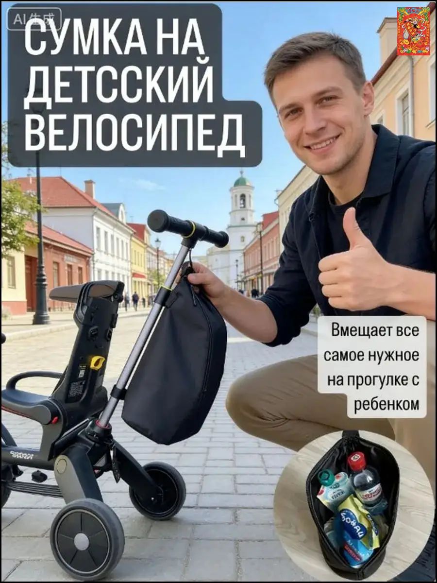 Пристяжной отсек / сумка на детский велосипед , универсальное крепление на три липучки , цвет черный