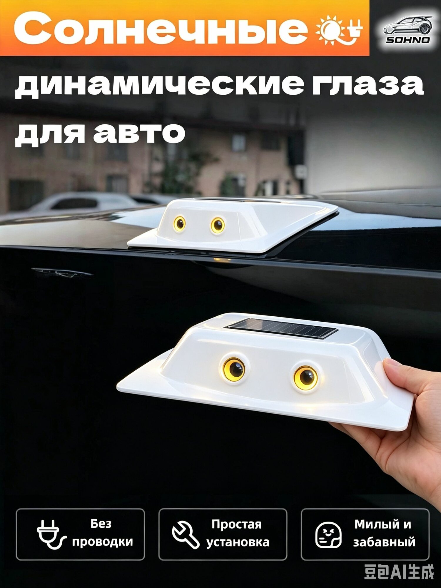Светящиеся глаза на крышу авто на солнечной батарее, динамическая LED подсветка, беспроводной декор машинки, белый