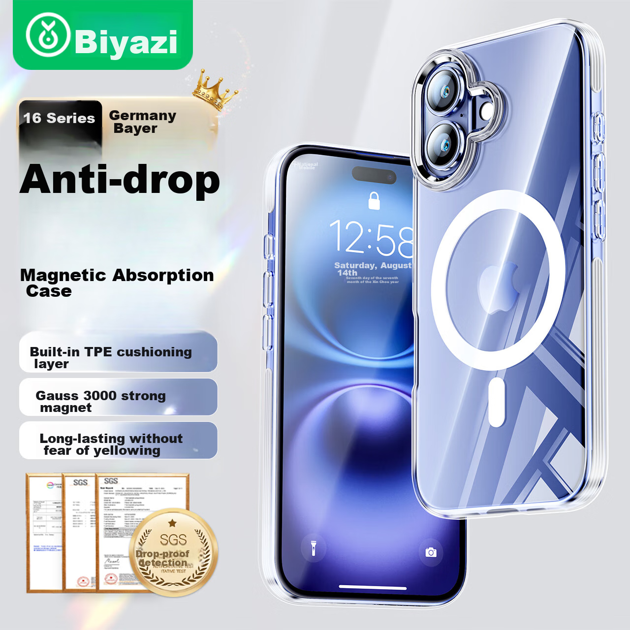 BIAZE Германский Байер кристально прозрачный магнитный чехол для iPhone 16 Plus с поддержкой MagSafe Цвет：Германский