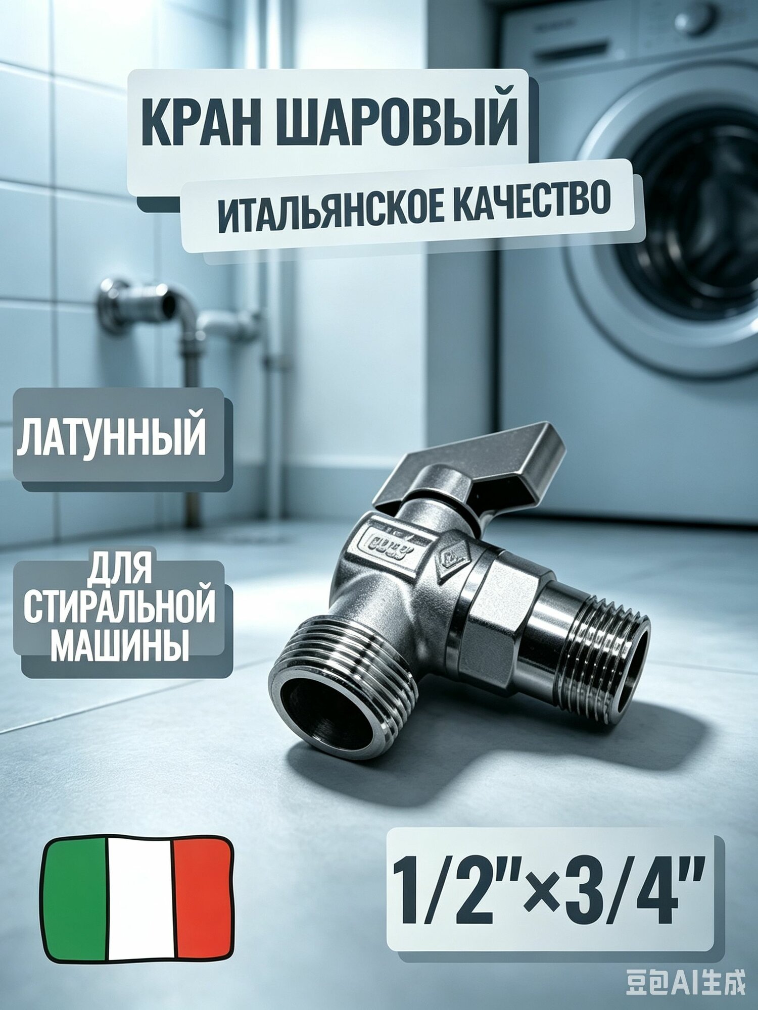Кран для стиральной машины угловой 1/2" х 3/4" матовый с отражателем BUGATTI