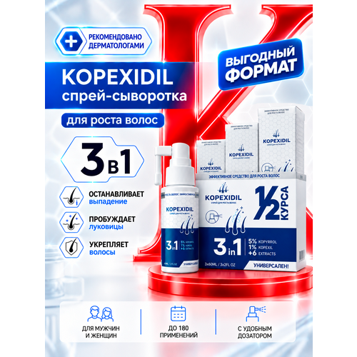 фото Сыворотка для роста волос 3-в-1 спрей kopexidil, набор из 3х шт, половина курса, активация роста, против выпадения