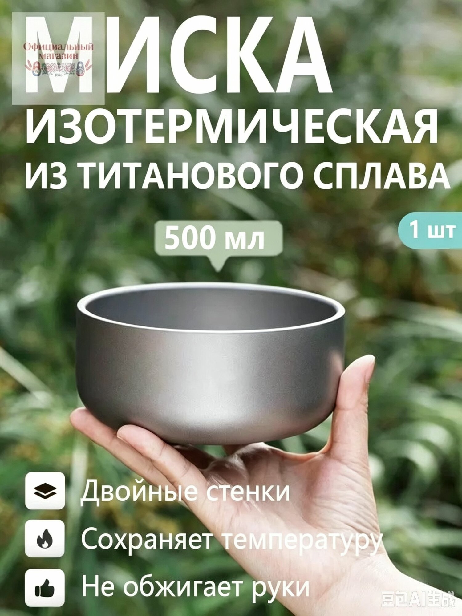 Миска из титанового сплава изотермическая 500 мл двойные стенки, легкая, для походов и дома