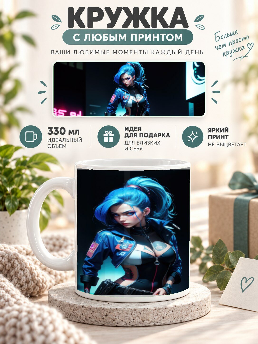 Кружка керамическая MoodRoom 330 мл, глянцевая, для чая и кофе, с принтом девушки в стиле киберпанк, UG33031386