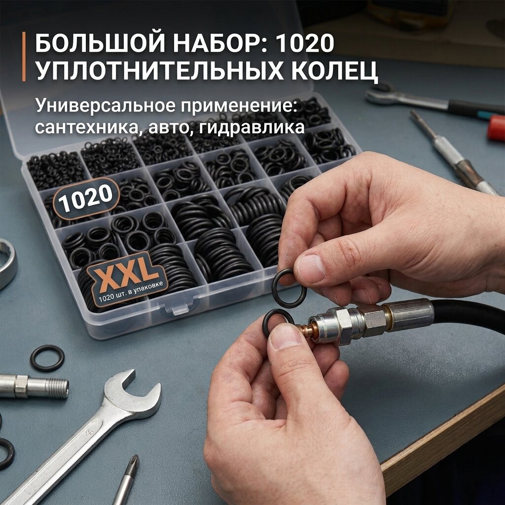 Набор уплотнительных колец, 1020 шт, 20 размеров в пластиковым корпусе, из резины