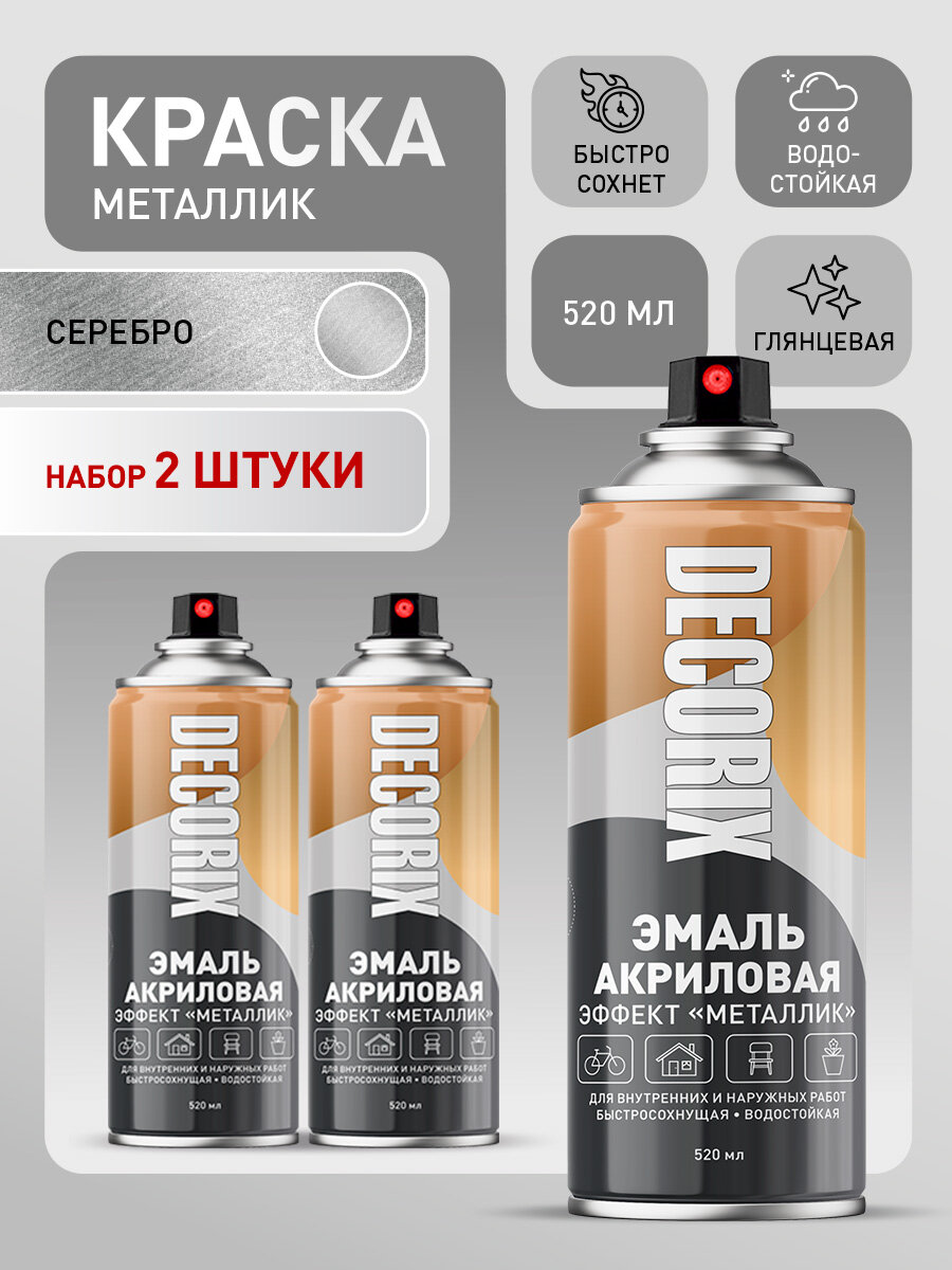 Краска металлик серебро в баллончике DECORIX - аэрозольная акриловая эмаль для любых поверхностей серебрянная 520 мл глянцевая - комплект 2 шт