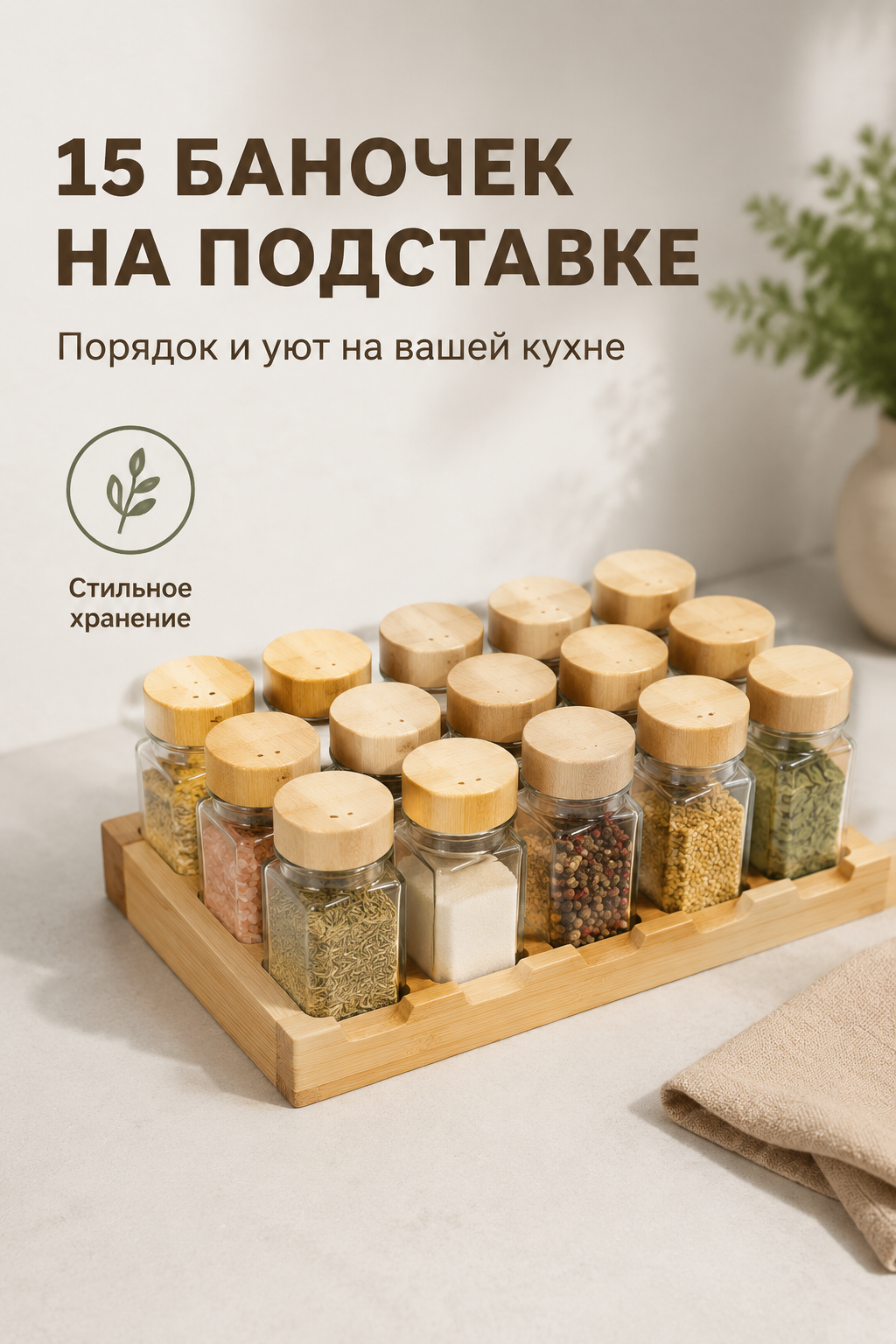Набор стеклянных баночек для специй на подставке, 15 шт, 120 мл