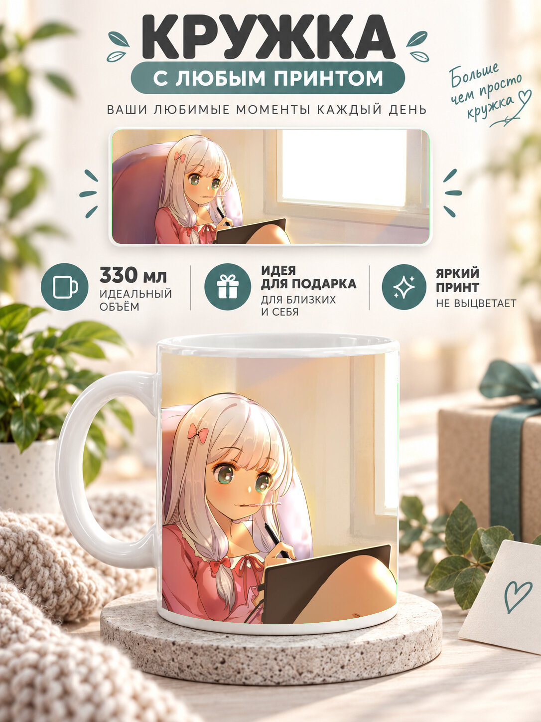 Кружка керамическая 330 мл белая с принтом EroManga Sensei Anime Girl, для чая и кофе