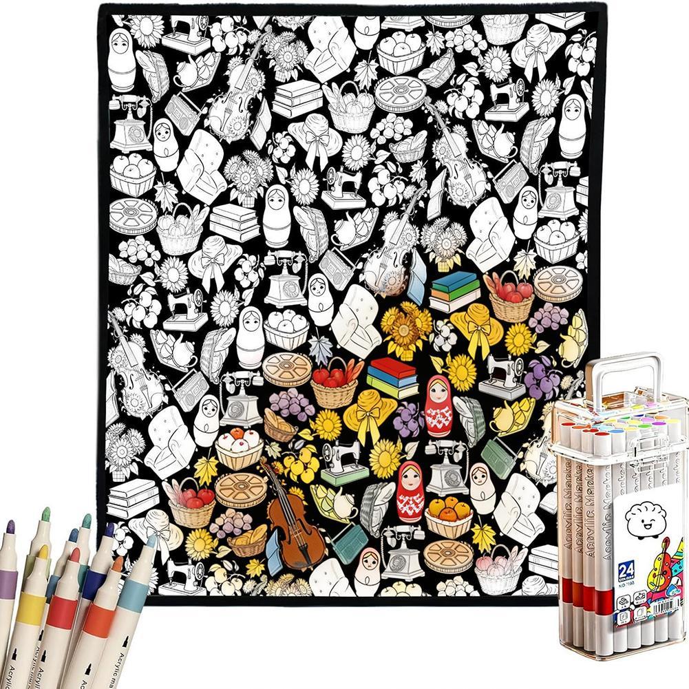 Плед для раскрашивания, 150x125 см, с 24 акриловыми маркерами, черный