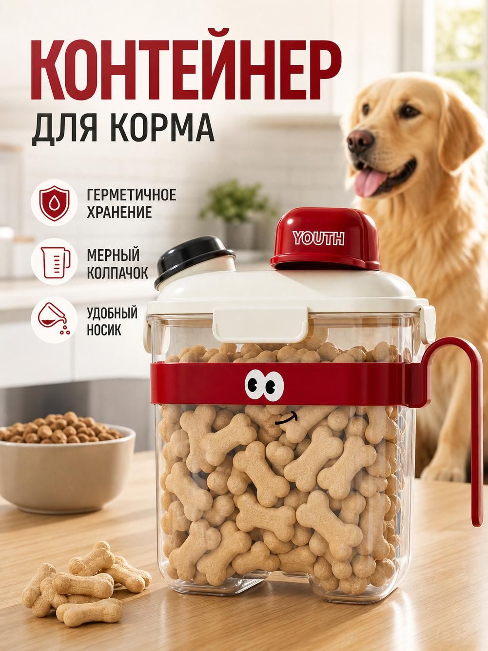 Контейнер для корма с дозатором 130 мл, красный, для снеков