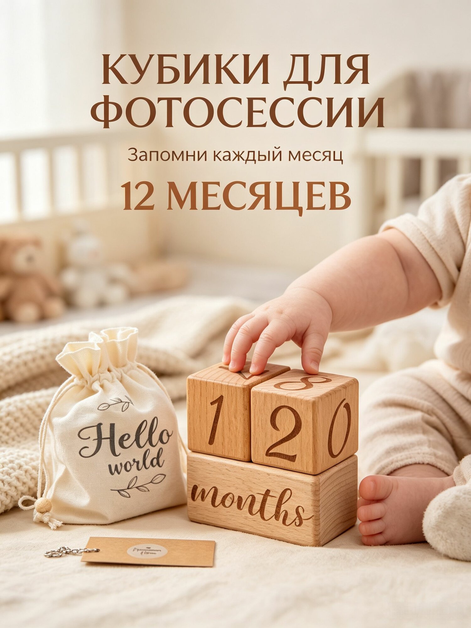Деревянные кубики для фотосессии новорожденных 3 шт, с буквами и цифрами, для памятных снимков