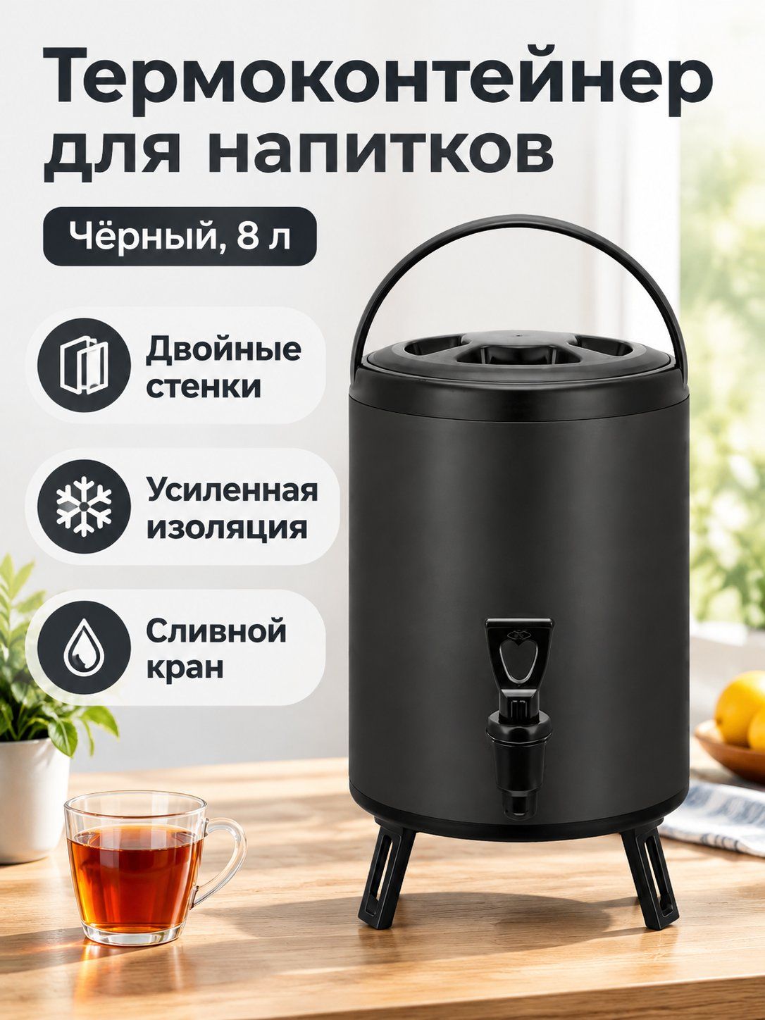 Термос емкость из нержавеющей стали 8 л, черный, из нержавеющей стали с ПУ-изоляцией