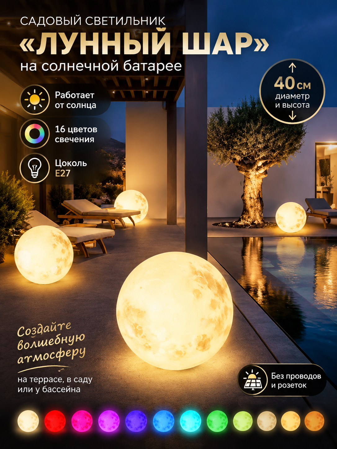 Садовый светильник «Лунный шар» на солнечной батарее, 3D, 16 цветов, E27, 40 см — 16-Ронсюань