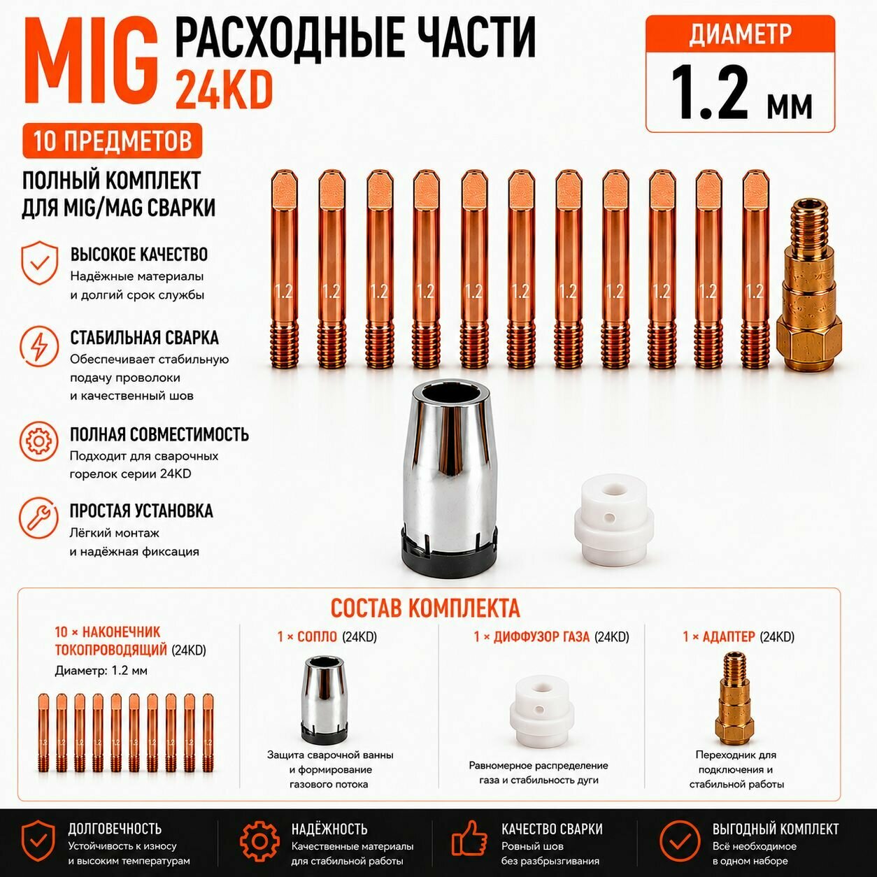 MIG Комплект расходников для сварочной горелки 24KD: контактные наконечники, держатель наконечника и сопла (10 шт.1.2mm) для горелки 24KD расходники MIG 1.2mm