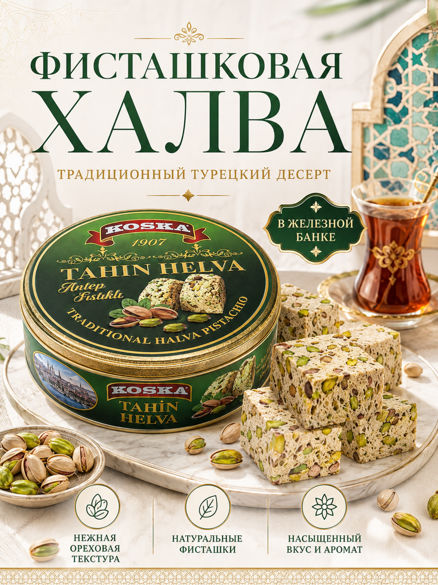 Халва турецкая кунжутная с фисташками Koska Antep Fistkli, 400 г.