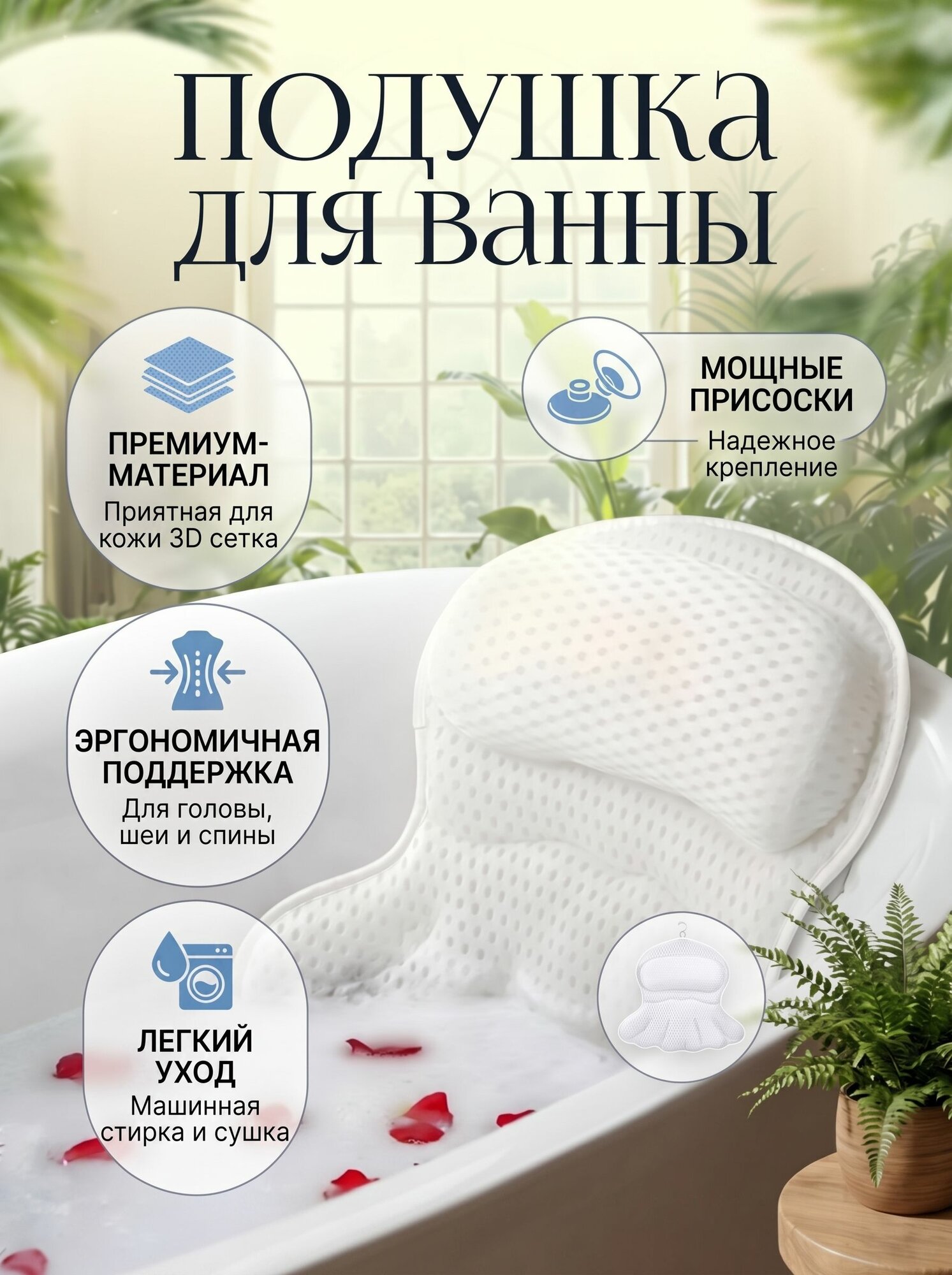 Подушка для ванной на присосках ортопедическая с поддержкой шеи плеч и спины непромокаемая антискользящая универсальная