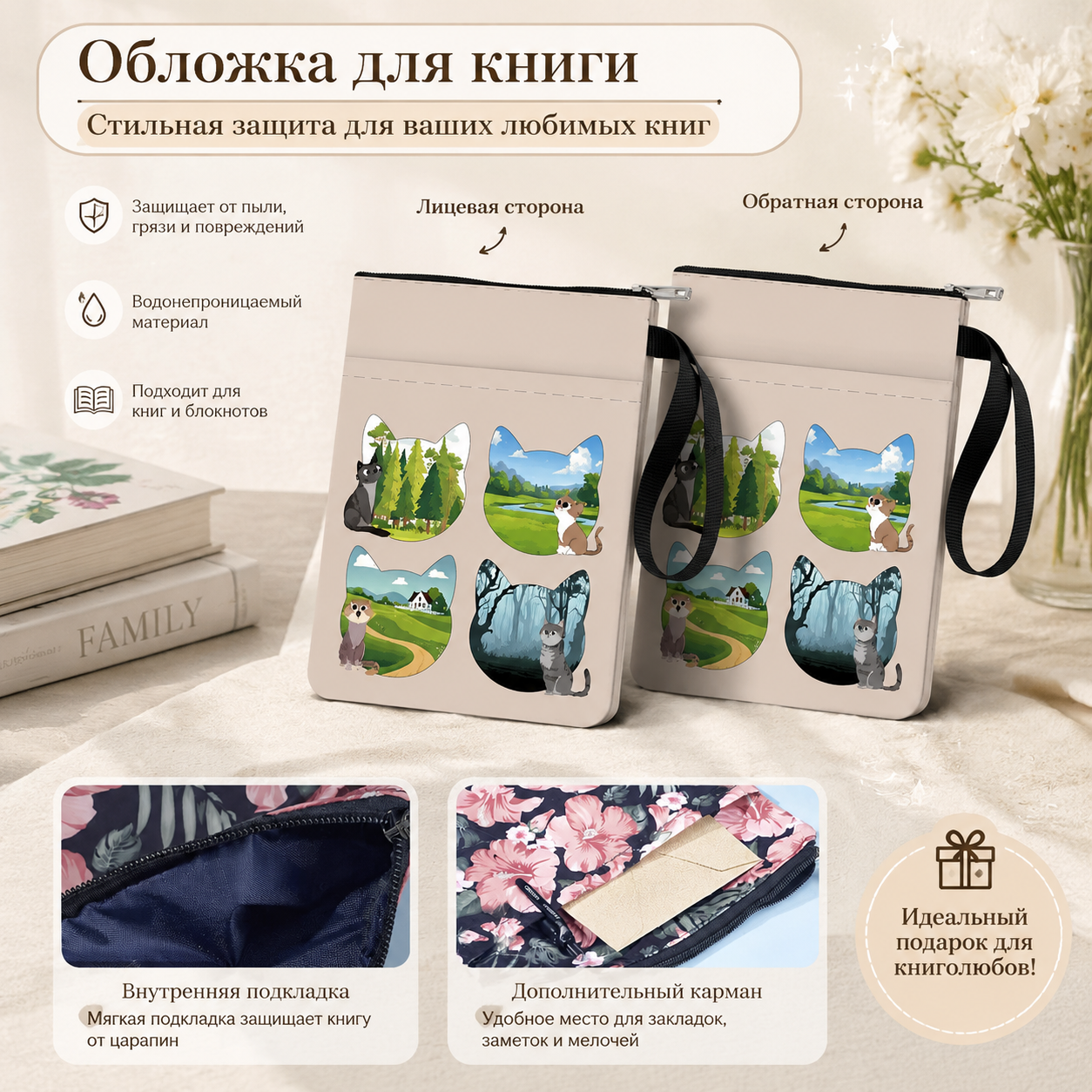 1 чехол для книги с изображением кошки, на молнии и с дополнительным рукавом, водонепроницаемый, моющийся, чехол-сумка для декораций