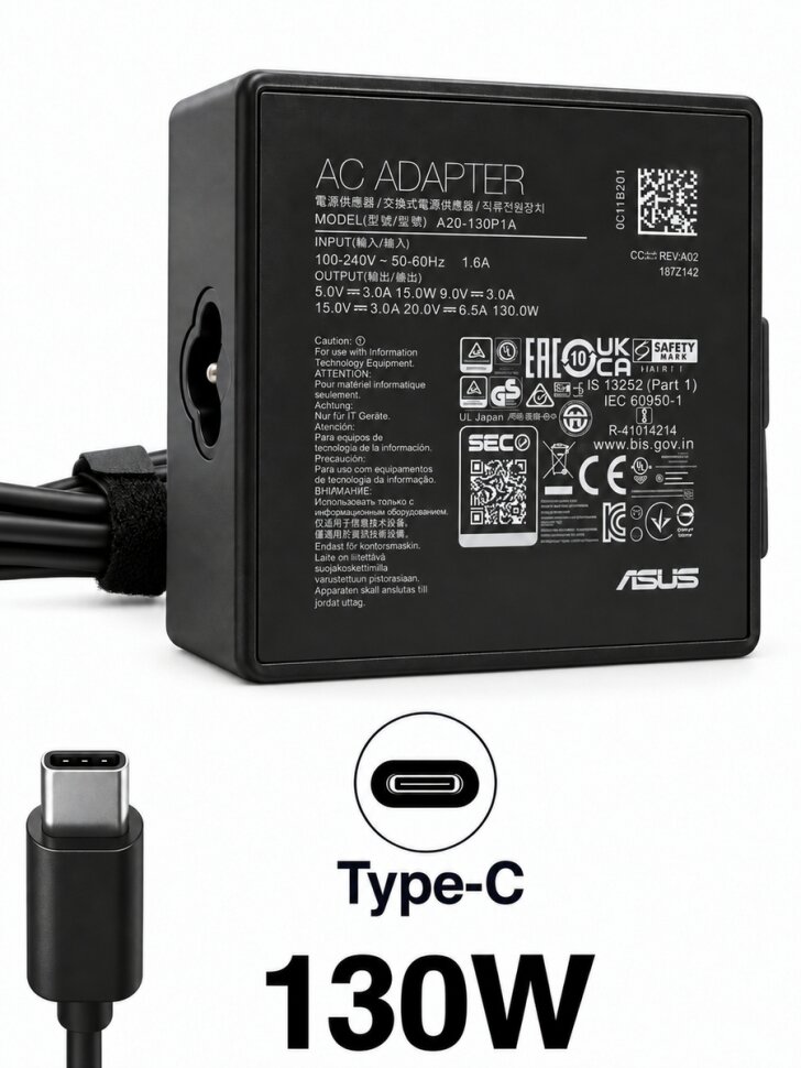Зарядное устройство для ноутбука Asus, ROG Flow X13 GV302XV-MU017X, 130W - , (Штекер: Type-C) 130 Вт Квадратный