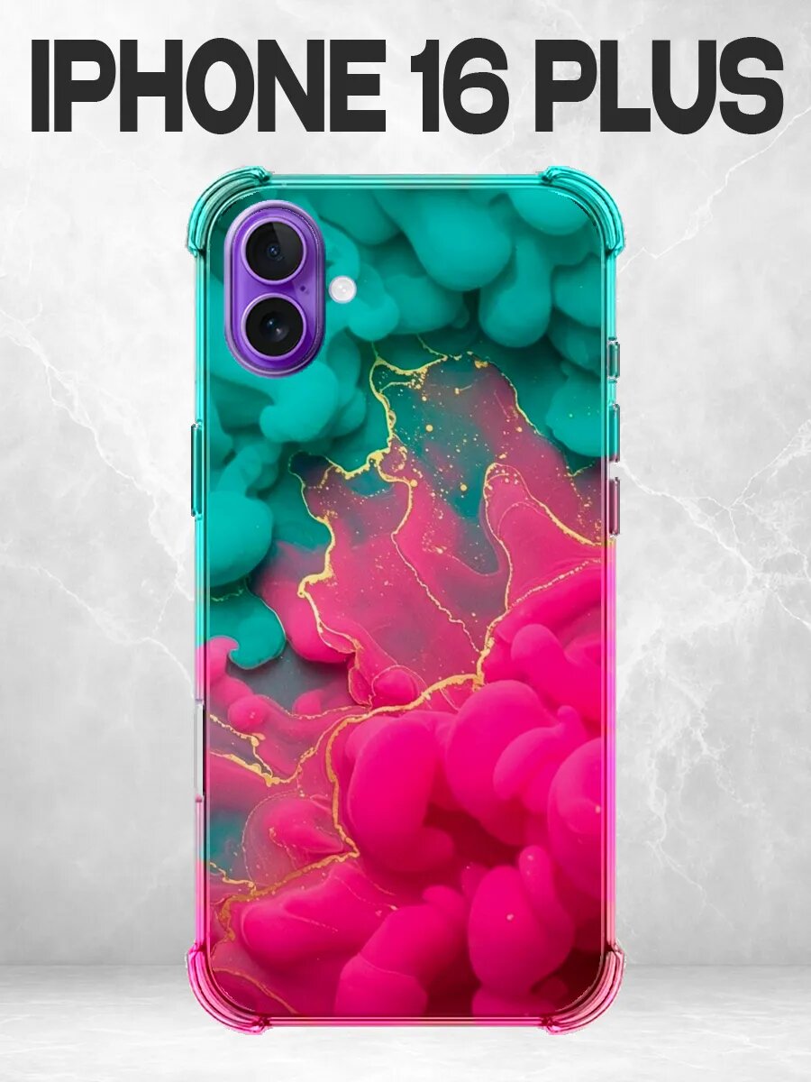 Чехол на iPhone 16 Plus мрамор бирюзово-розовый облака