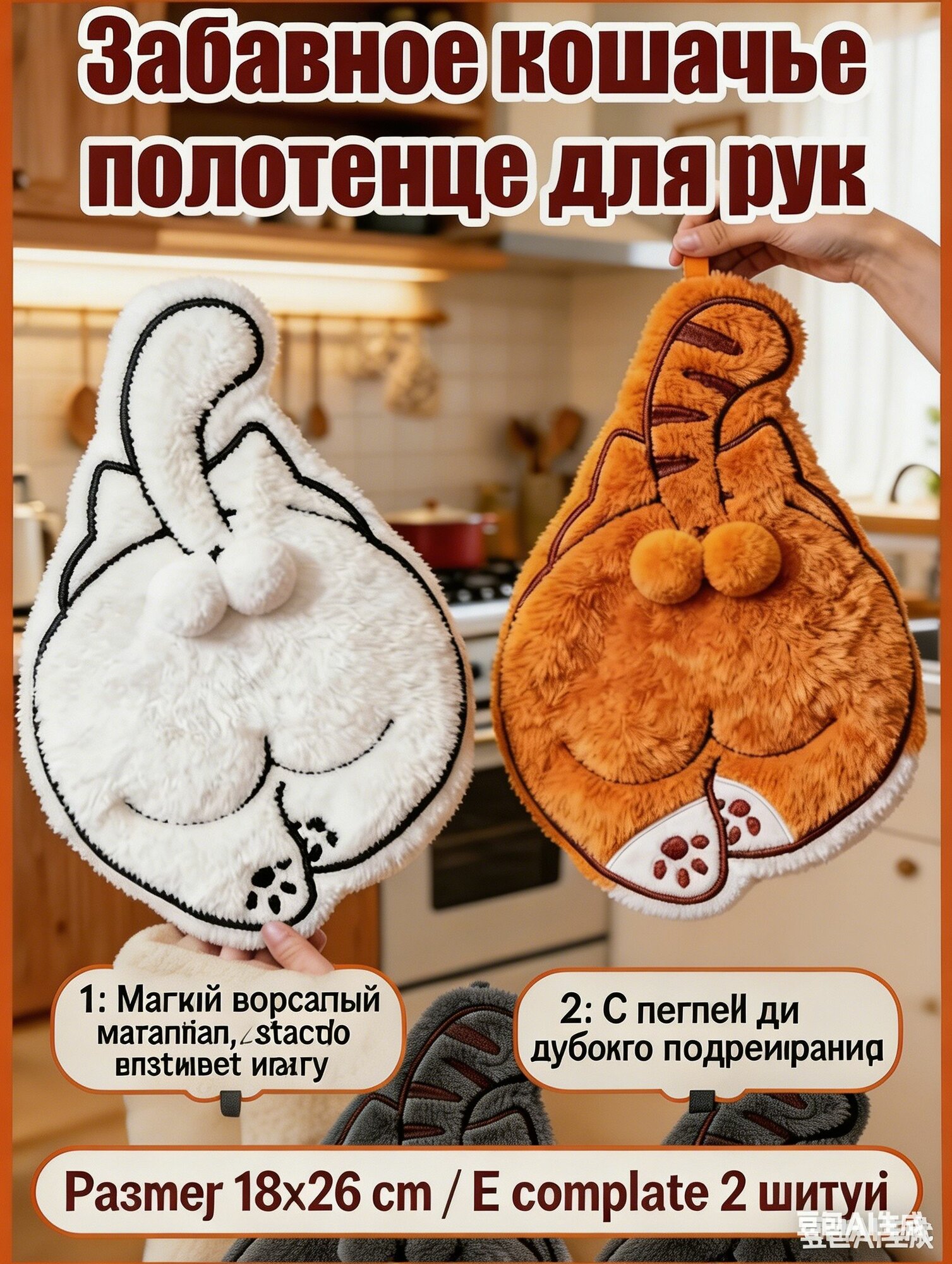 Полотенце кухонное, Велюровая фактура, 18x26, 2шт