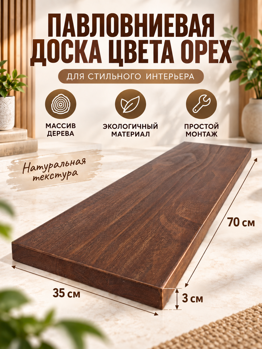 Павловниевая доска с натуральной текстурой, деревянная заготовка цвета орех, простой монтаж для настенных полок в интерьере