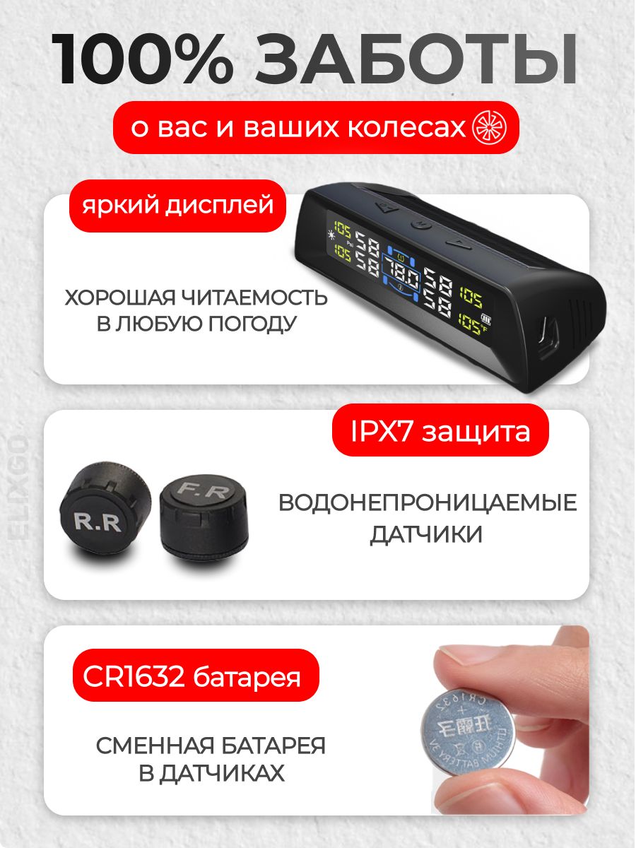Датчик давления в шинах внешний TPMS ELIXGO T16, система контроля давления в шинах с голосовым оповещением на русском - лучший подарок мужчине
