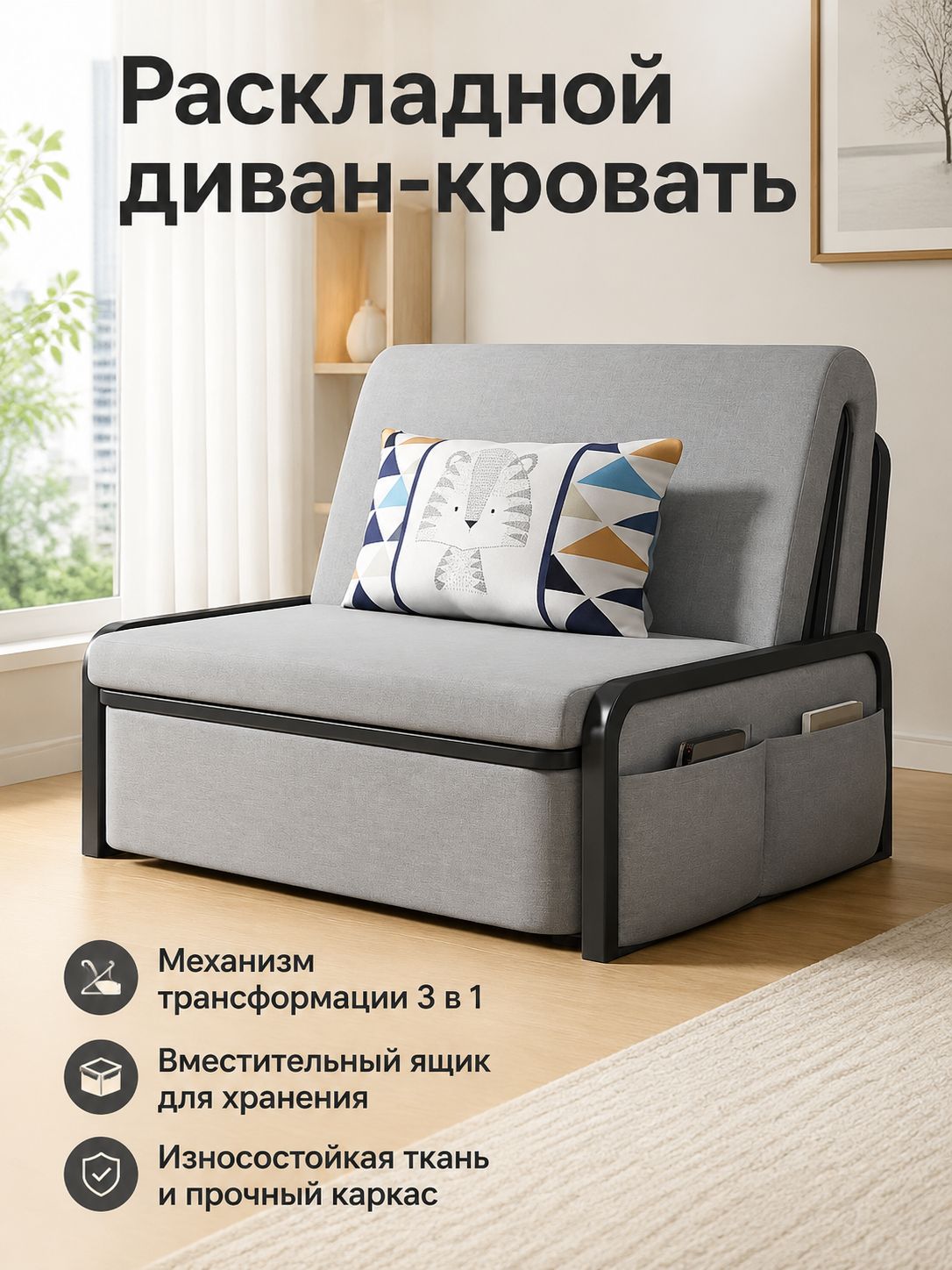 Раскладной диван-кровать односпальный, 100 см, с ящиком для хранения, каркас черный, обивка светло-серая, 7 см