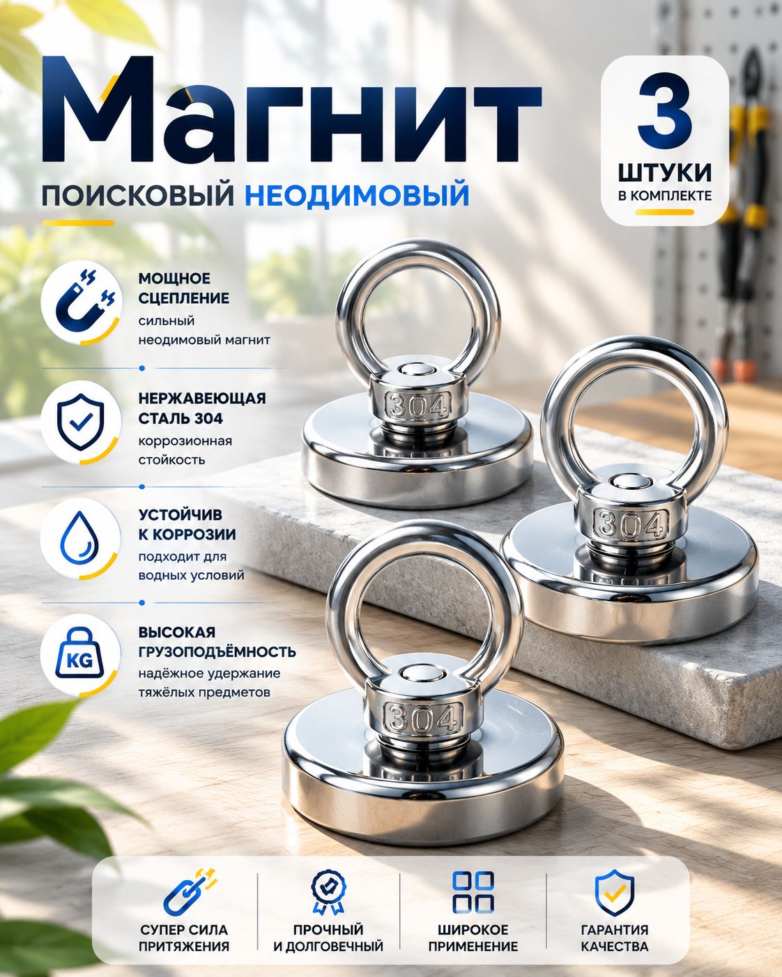 Магнит диаметром 25 мм для речной рыбалки 3 шт.