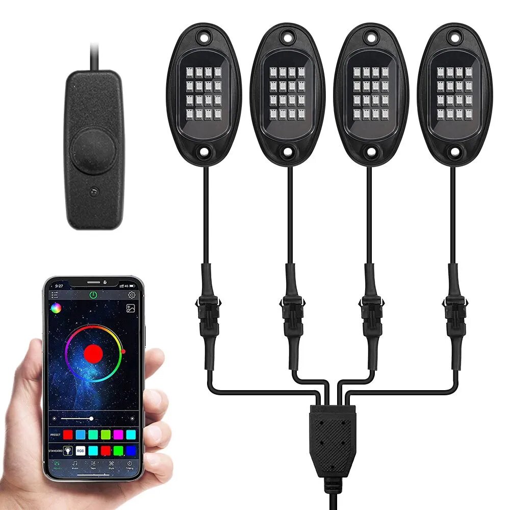 Лампа автомобильная 4 шт, Комплект RGB-подсветки Rock Lights, светодиодная, 12В, черный корпус, IP67