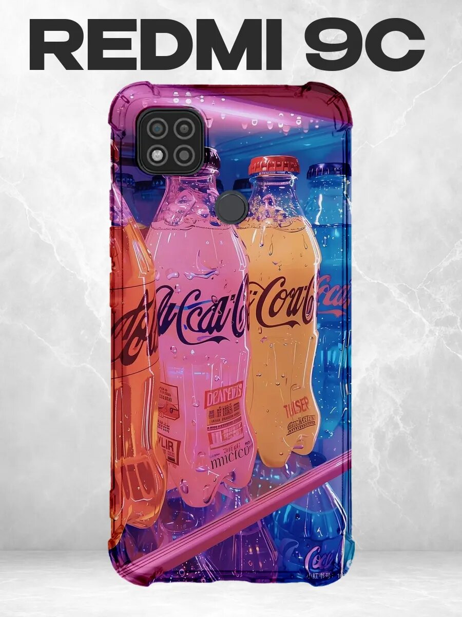 Чехол на Xiaomi Redmi 9C с принтом Неоновые бутылки Coca-Col