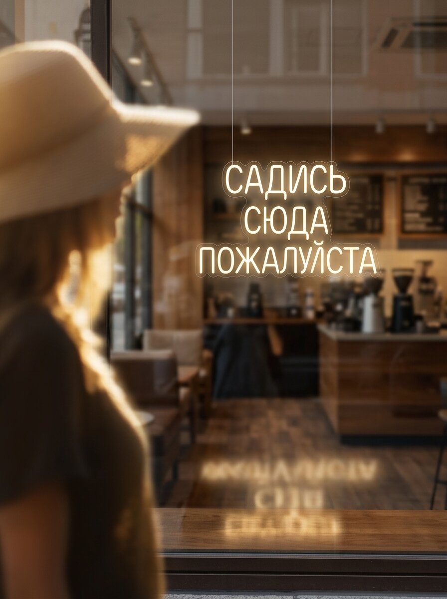 Неоновая вывеска "Садись сюда пожалуйста" 84х45см, неоновая надпись, LED светильник для кофейни
