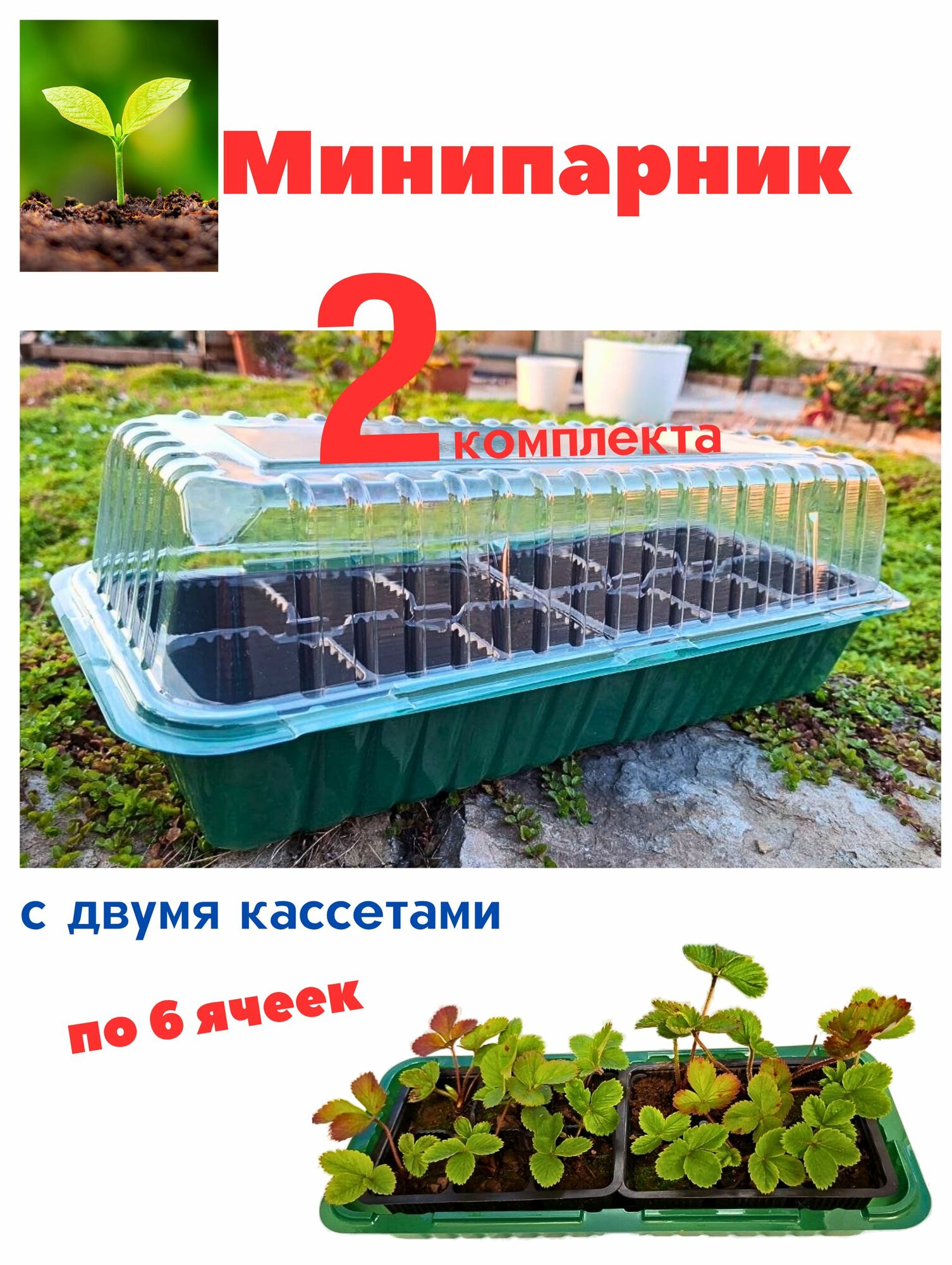 Мини-парник для рассады на 2 места с кассетами 6 ячеек, 2 комплекта