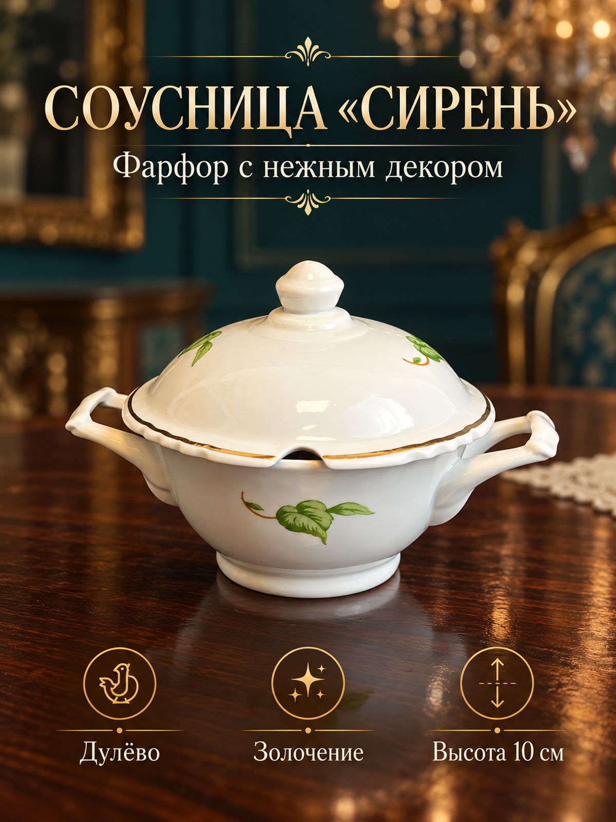 Соусница фарфоровая с крышкой из сервиса "Сирень", деколь, золочение, Дулево ФЗ винтаж СССР 1968-1991 гг