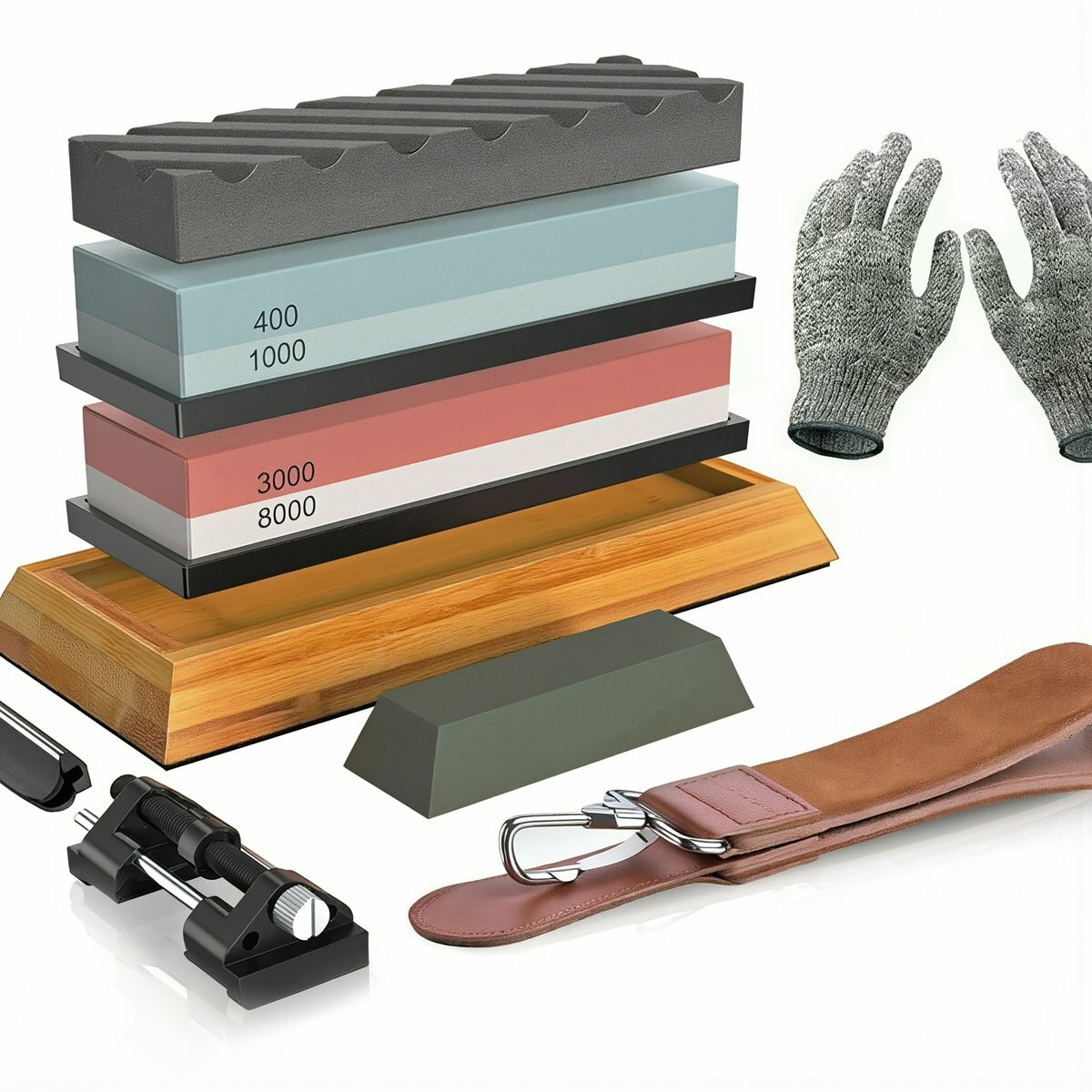 Точильный набор для поваров и домашних кулинаров абразивы 400 1000 3000 8000 угловой фиксатор подставка из бамбука для кухни, С набором перчаток, без доски для полировки: точильные камни 400/1000 (зел