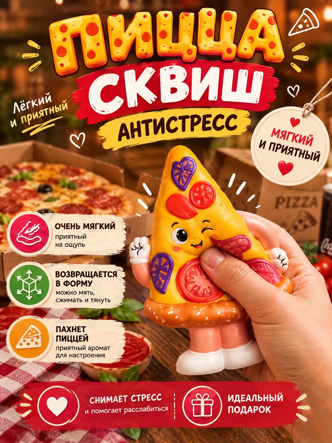 Сквиш Пицца, мягкий антистресс для рук, игрушка-мялка для детей и взрослых