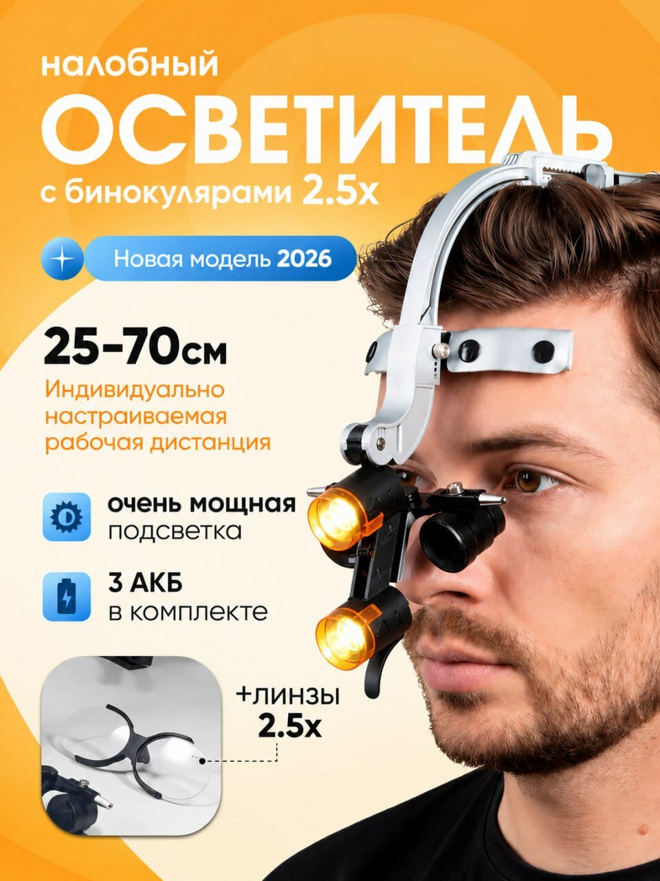 Налобный осветитель с бинокулярами 2.5х + 3 АКБ 2000 mAh + линза 1.5х (серебро)