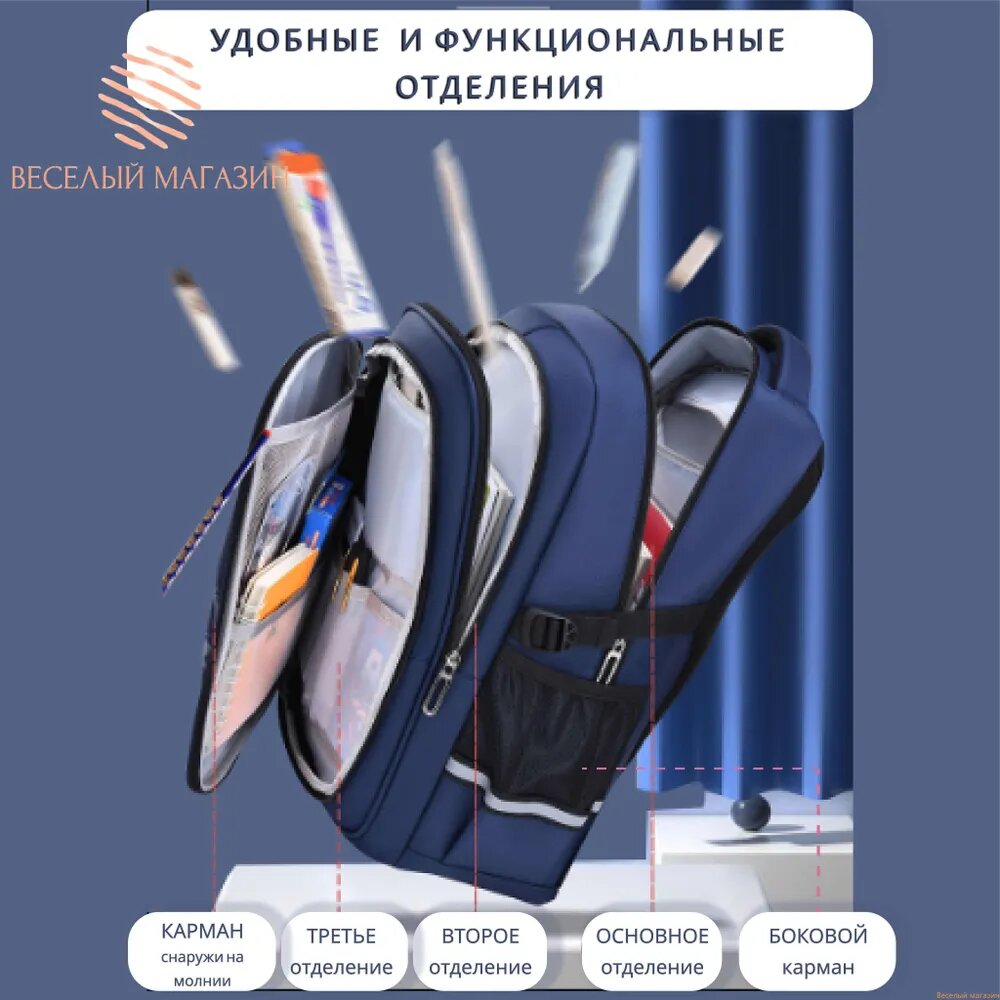 Рюкзак школьный ранец для мальчика и девочки, оксфорд, синий с красным, 41x30x16 см — фото 1