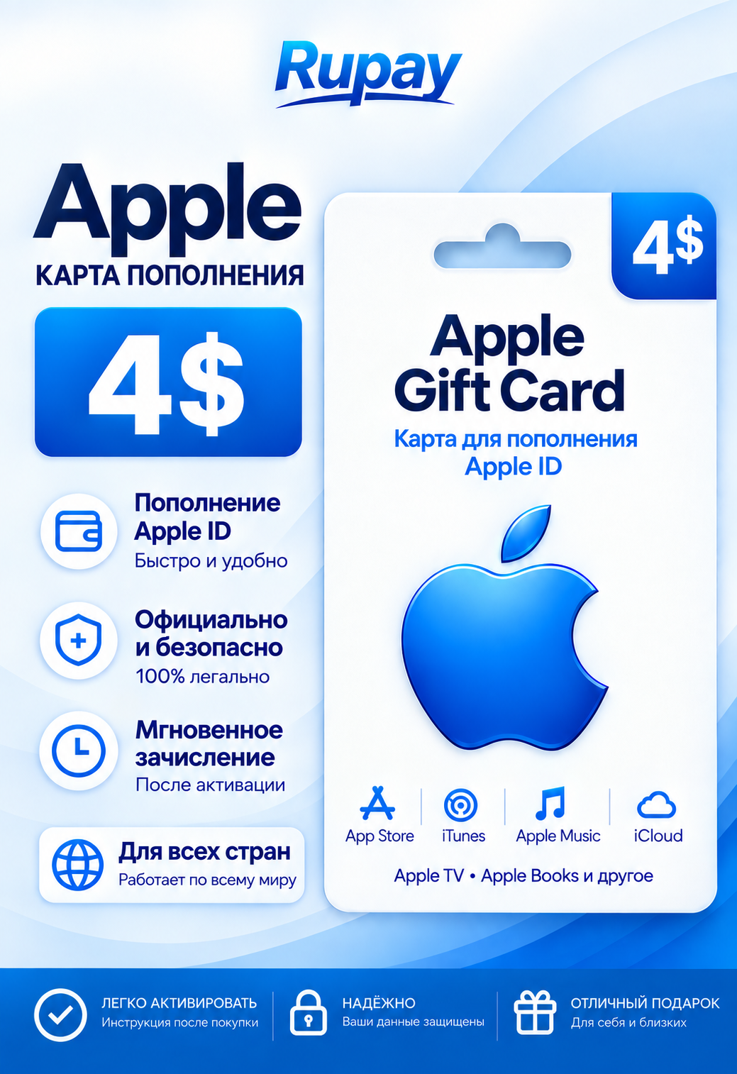 Подарочная карта Apple Gift Card (iTunes) $4 США — цифровой код Apple ID, App Store