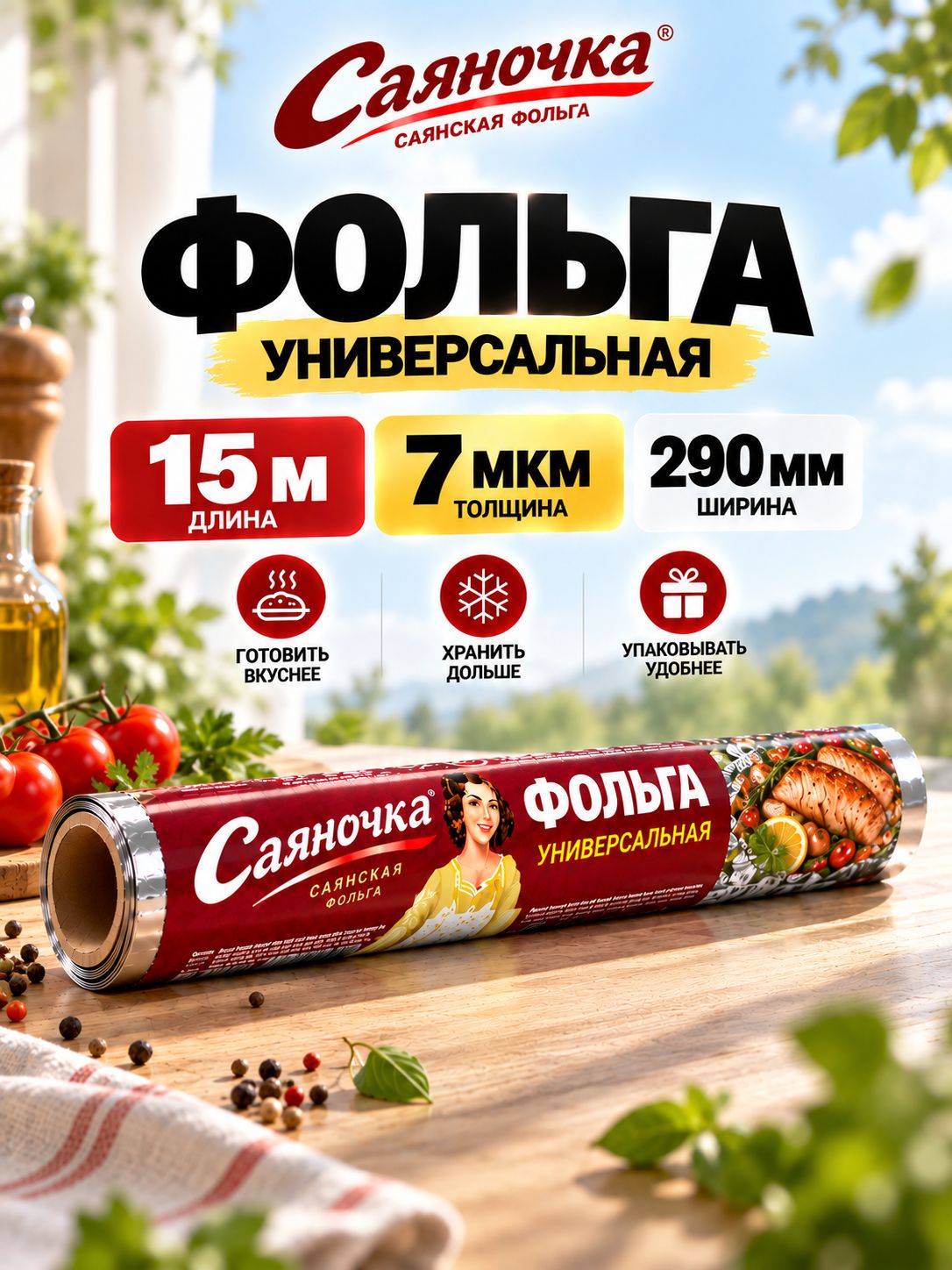 Саянская фольга Фольга пищевая 15 м х 29 см, 7 мкм, 1 шт