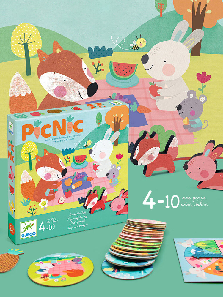 Игра-пикник с животными от Djeco для детей 3-5 лет, обучающая игра для развития пространственного мышления и математики