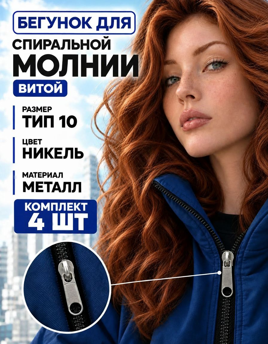 Бегунок тип 10 никель, замок застежка для спиральной (витой) молнии, металлическая собачка (слайдер), галантерейный движок, для куртки, сумки и одежды, 4 шт