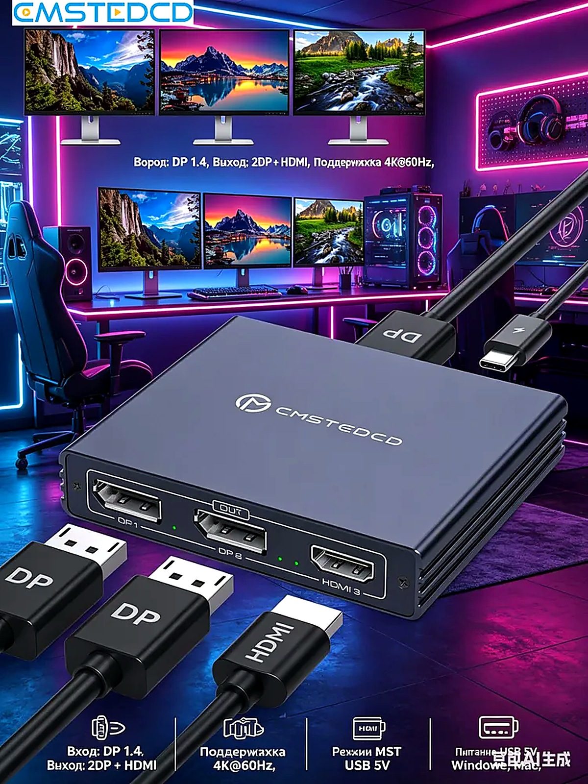 Разветвитель DP 1.4 на 2DP + HDMI 4K@60Hz, MST/SST, 9.2x8x1.8 см, автомагнитолы