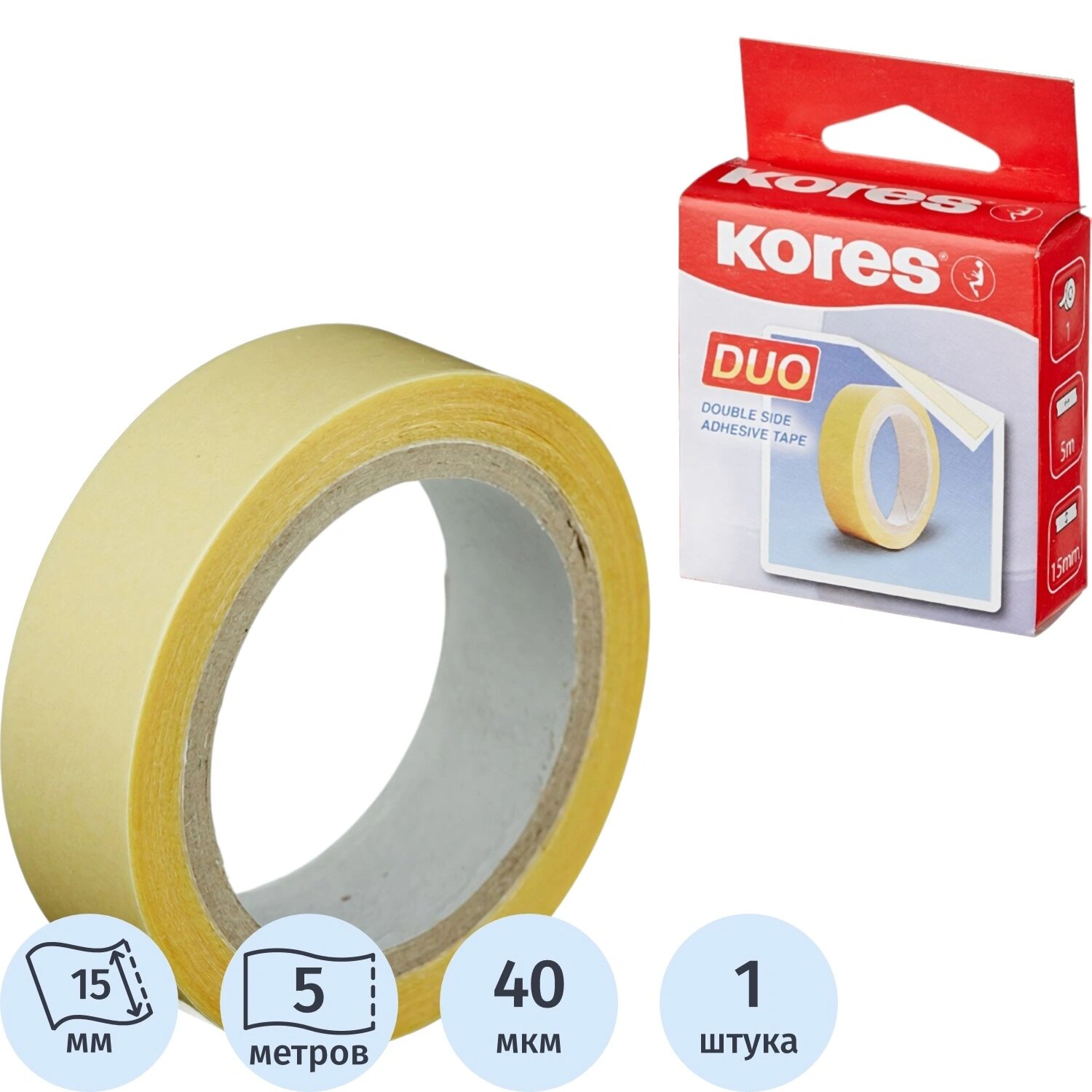 Kores Клейкая лента канцелярская Kores прозрачная двусторонняя 15 мм x 5 м