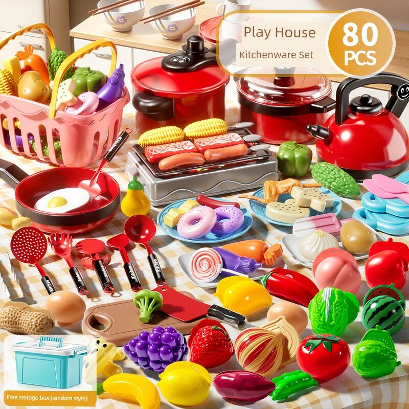80-штучный набор игрушек для кухни с плитой, грилем, посудой, доской для нарезки, фруктовой корзиной и контейнером для