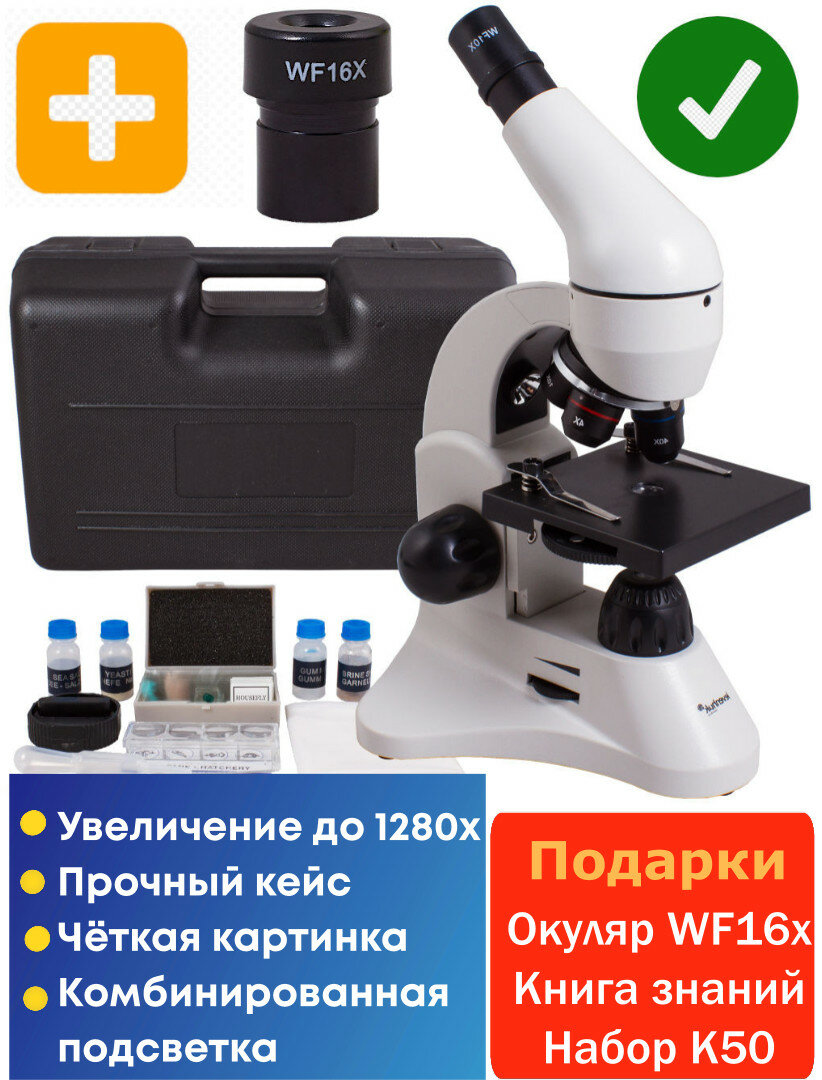 Микроскоп Levenhuk Rainbow 50L Лунный камень, увеличение 1280х + Подарки