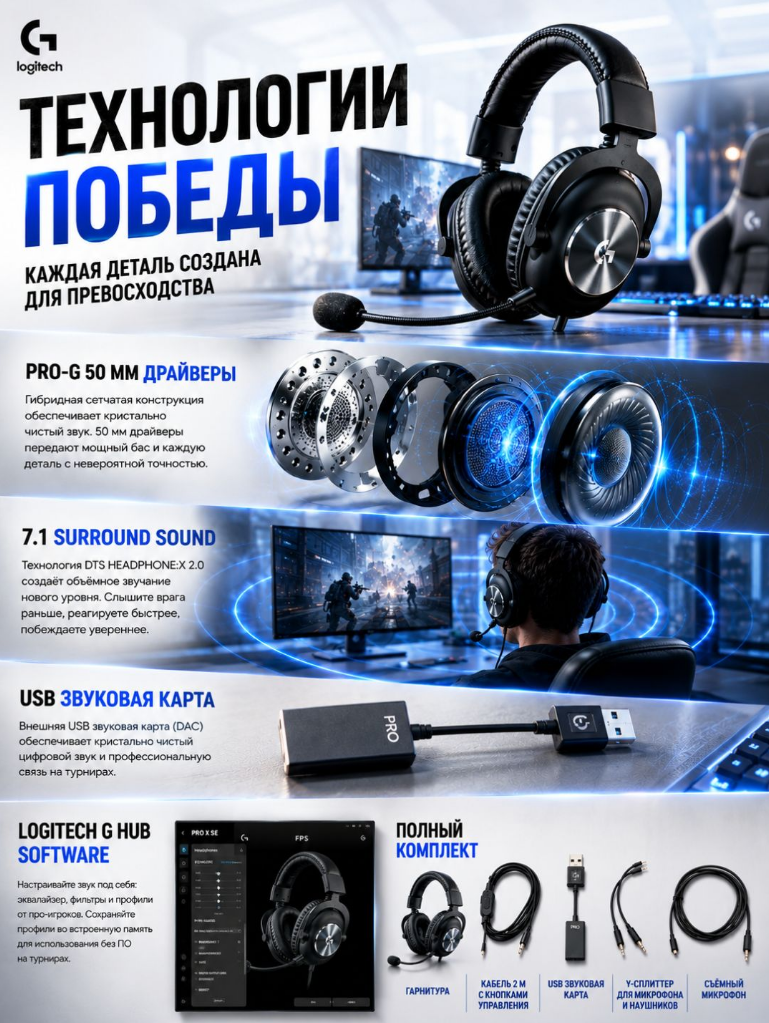 Гарнитура игровая Logitech G Pro X SE, проводные, DTS® Headphone: X® 2.0 7.1 объемный звук — фото 1